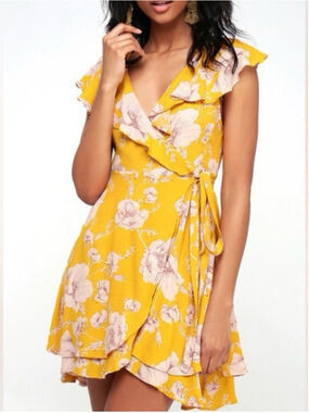 Free People French Quarter Yellow Floral Print Mini Dress Sz Medium